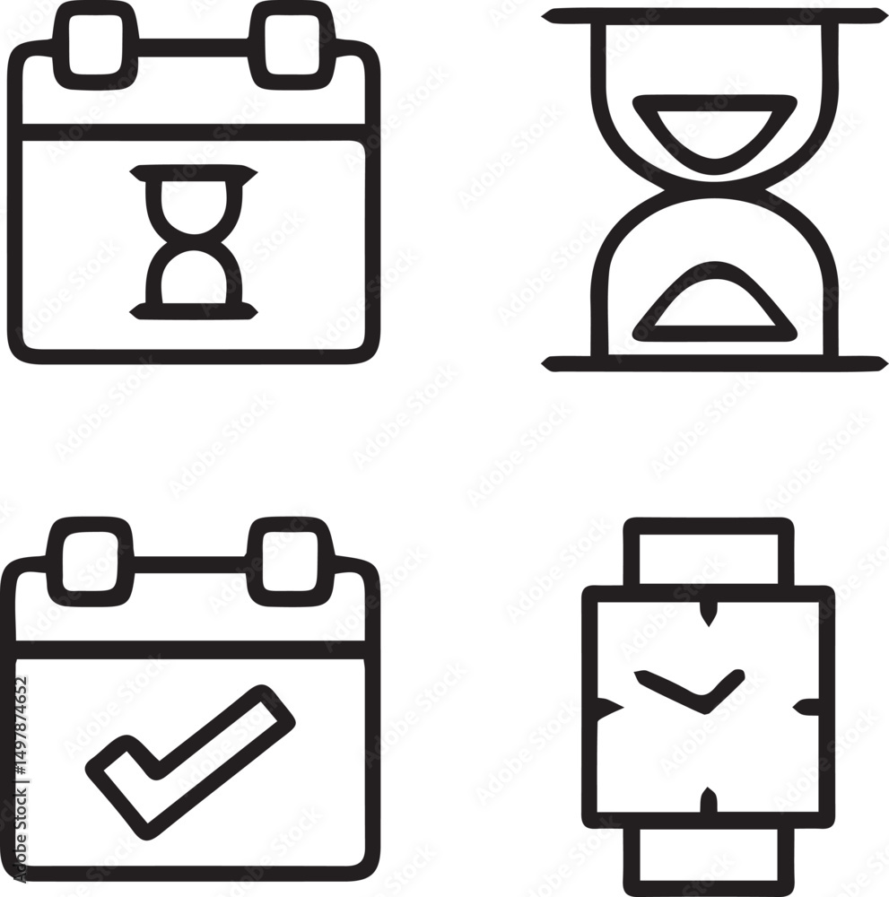 Poster time management symbols: a collection of stylized icons, illustrating various aspects of time manage