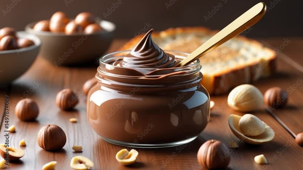 Aufkleber glass container of scrumptious chocolate spread and nuts placed on table