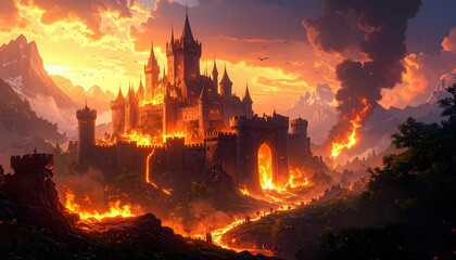Obraz premium Epic Fantasy Castle Under Siege with Dramatic Fire and Crumbling Walls