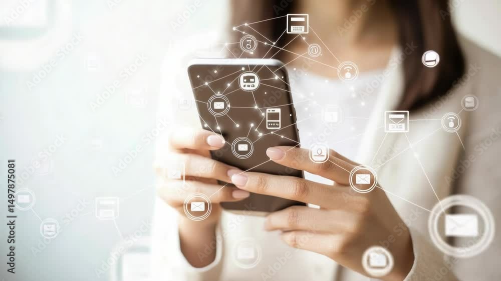 Poster a woman holding a smartphone with icons and notifications displayed