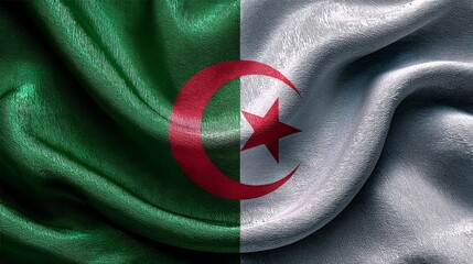 Realistic depiction of the Algerian flag elegantly displayed on silk fabric