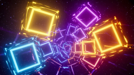 Fluorescent neon tubes in various sizes and shapes (circles, lines , box shape ) rotating and orbiting in 3D space.