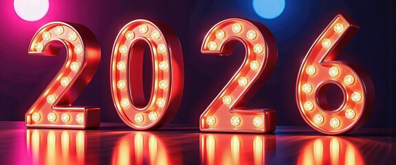Vibrant Neon Sign Celebrates Happy New Year 2026. A neon sign displaying the number 2016 on a reflective surface.