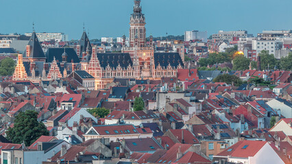 Aerial view of Schaerbeek Town Hall day to night timelapse in Brussels, Belgium.
