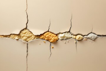 Close-up of beige wall with jagged crack highlighting wall insulation gap filling renovation. Concept of wall insulation gap filling emphasizes need for repair and maintenance.