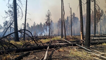 Obraz premium Aftermath of Intense Forest Fire Showing Charred Trees and Smoke