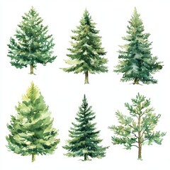 Obraz premium Hand-Painted Christmas Evergreen Trees Collection on White Canvas