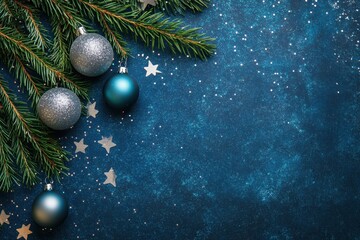 Festive Winter Wonderland: Blue and Silver Christmas Frame with Fir Branches and Ornaments