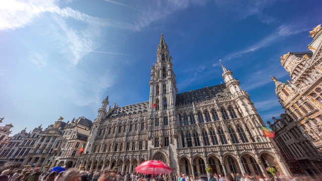 Timelapse hyperlapse of Town Hall on the Grand Place in Brussels, Belgium.