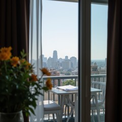 interior view from a balcony showing city skyline in background, shot with shallow depth of field and soft focus foreground.