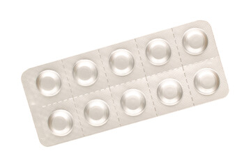 Medical pills in blister packaging, close-up, isolated on white background.