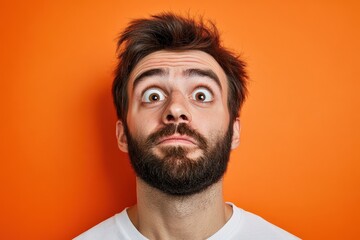 Fototapeta premium Humorous Portrait of a Bearded Brunette Man Making a Silly Cross-Eyed Face, Embracing the Fun of Being Foolish in a Vibrant Orange Studio Setting