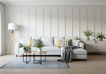 Interior living room with white couch and wood floor