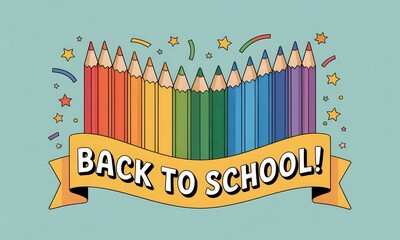 Colorful School Supplies Illustration Featuring Back to School Theme with Crayons and Festive Elements Against a Light Blue Background