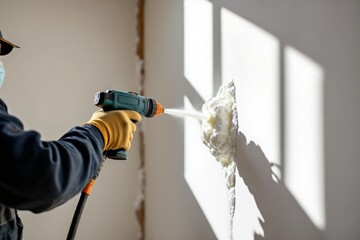 Man with face mask and yellow gloves using power drill for wall insulation gap filling during renovation. Concept of wall insulation gap filling in indoor setting.