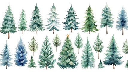 Obraz premium A watercolor of Winter Christmas fir-tree collection on a white background.