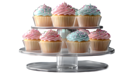 
Detailed image of a three-tier cupcake tower with assorted cupcakes, topped with pink, green, and blue frosting and metallic sprinkles.