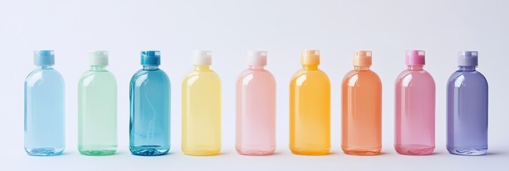 Assorted Plastic Toiletry Containers for Shampoo, Conditioner, and Shower Gel on White Background