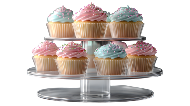 
Detailed image of a three-tier cupcake tower with assorted cupcakes, topped with pink, green, and blue frosting and metallic sprinkles.