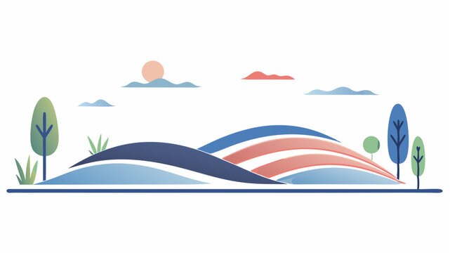 Illustration of a landscape with rolling hills, trees, clouds, and a sun in a minimalist style design