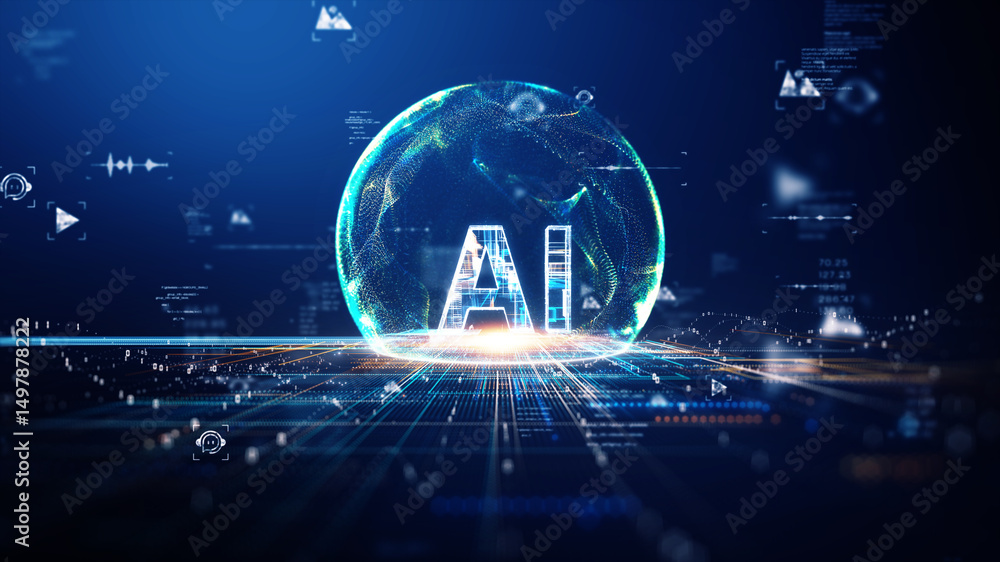Poster futuristic artificial intelligence concept with glowing digital sphere and data flow in cyber techno
