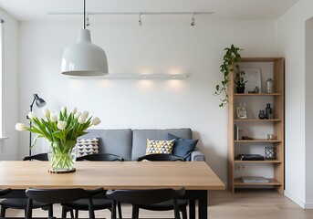 Interior view of a living room with dining table