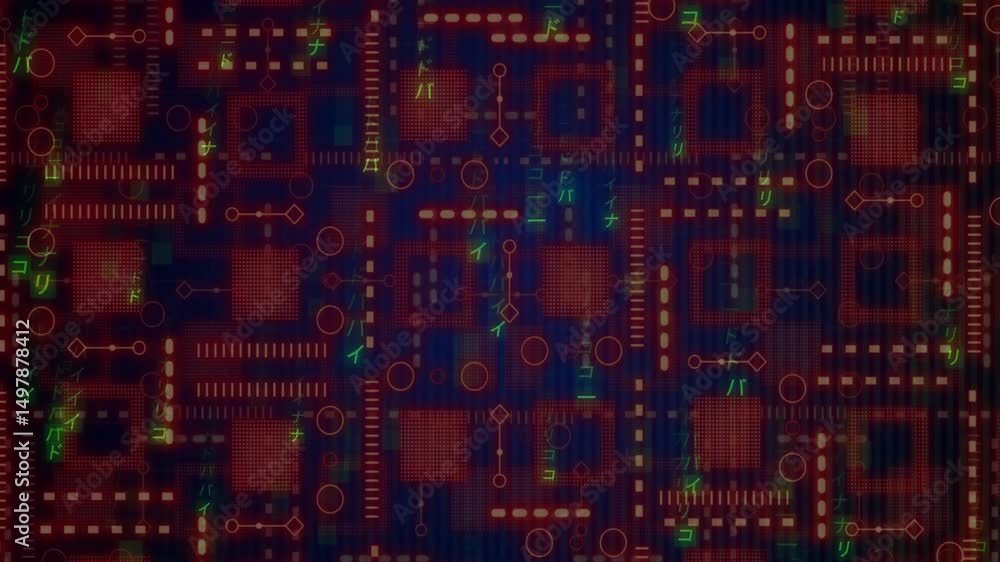Poster after pause, green glyphs flickering on red grid, spreading pulsing across frame showing data flow