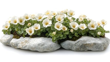 A cluster of delicate, creamy-white flowers nestled amongst lush green foliage, planted in a low, grey stone arrangement, isolated on a stark white background