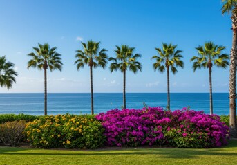 Fototapeta premium Vibrant bougainvillea and palm trees bordering a serene ocean view