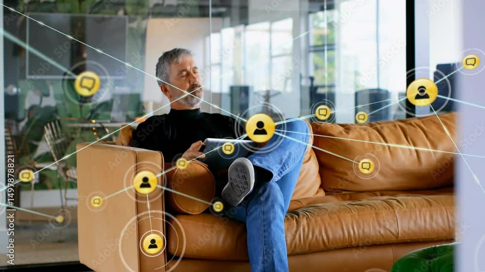 Poster professional man tapping tablet in office visualizing technology network with expanding user icons