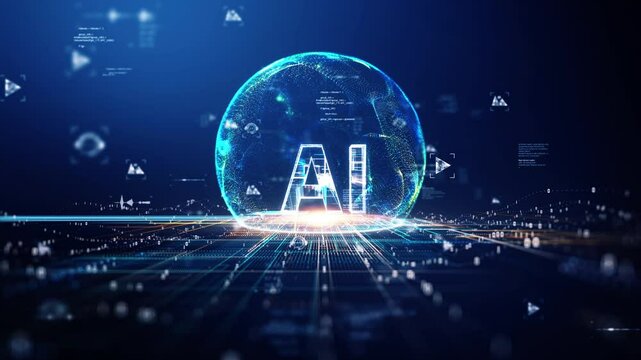 Futuristic digital concept of artificial intelligence with glowing AI text, data network, big data, and chatbot technology on blue technology background. Perfect for tech and innovation themes.