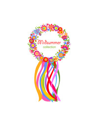 Night before Ivan Kupala. Flowers door decorative wreath collection with  colorful ribbons isolated on white background. Slavic midsummer holiday background. Part 1