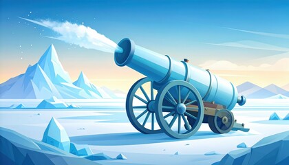 Ingenious Ice Cannon in a Frozen Arctic Landscape with Mountains