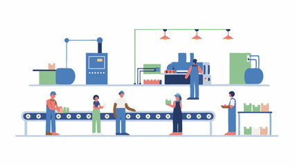 Illustration of a factory assembly line with workers and machinery processing and packaging products