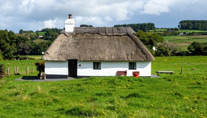 Fototapeta premium Charming Irish Cottage with Thatched Roof in Lush Green Landscape