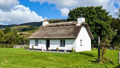 Charming Irish Cottage with Thatched Roof and Lush Green Landscape