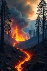 Fototapeta premium Fierce flames engulf a dry forest, creating a dramatic scene of nature's destructive power Smoke billows across the charred landscape, leaving behind a trail of devastation , air pollution, blaze