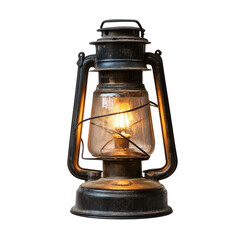 A weathered, metal kerosene lantern glows dimly, its glass clouded with age, casting a warm light