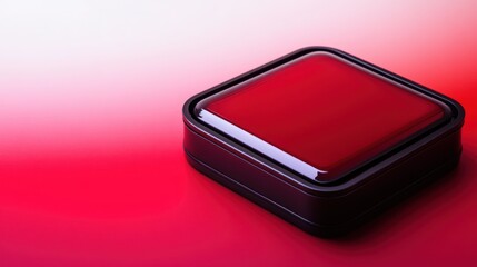 A glossy red button with a black border on a red and white gradient surface.