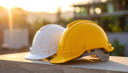 Two safety helmets, one white and one yellow, rest on a concrete surface under the warm glow of sunset, symbolizing construction and workplace safety