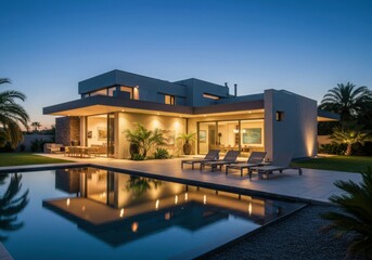 Obraz premium Modern luxury home with infinity pool at dusk