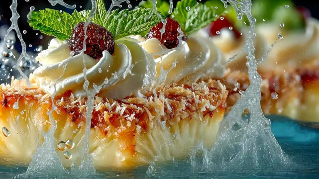 Close-up of a whipped cream dessert topped with pineapple slices, mint leaves, and crispy crumbles, splashing inside a halved pineapple shell