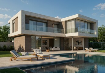 Modern two story luxury home with infinity pool and outdoor lounging area