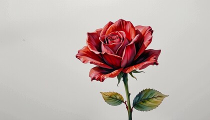 Vivid Red Rose With Detailed Petals and Green Leaves on a Simple Background for Artistic and Floral Themes