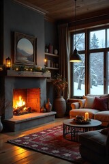 Cozy living room with fireplace glowing warmly, casting a comforting light on plush furniture and wooden floors Perfect for relaxation and winter ambiance , home, hearth, wooden floors