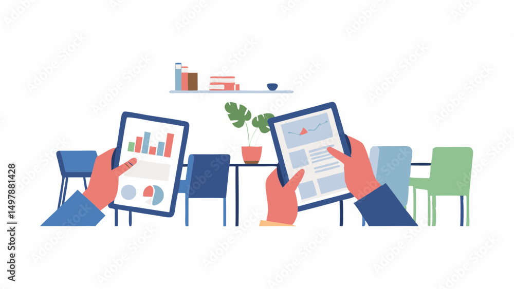 Poster two people holding tablets displaying data charts and website layouts in a modern interior setting v
