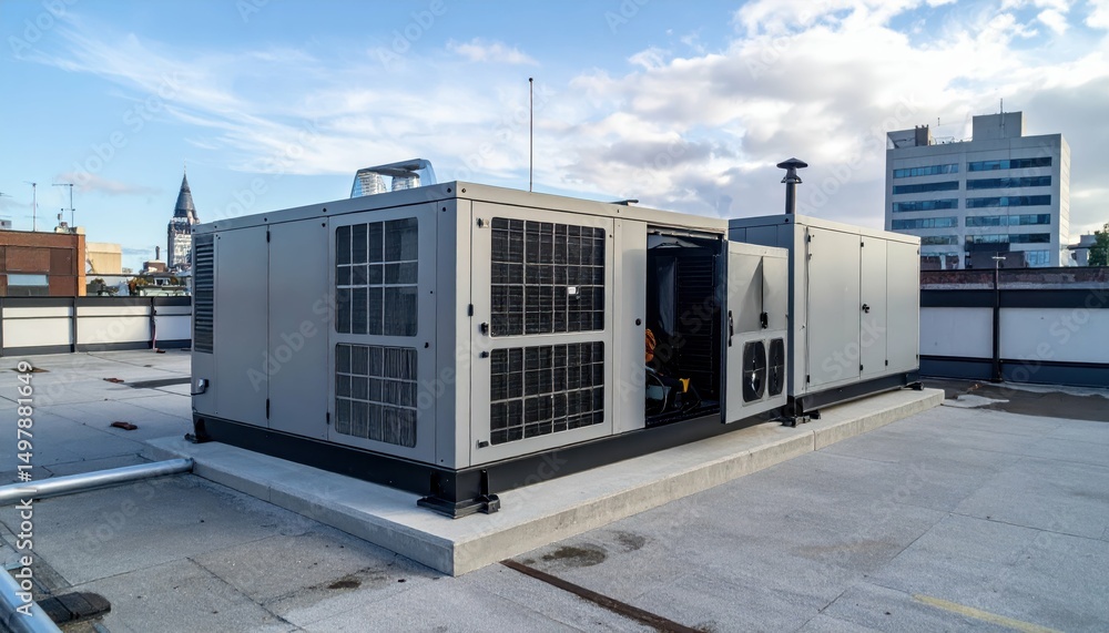 Poster large backup generator on rooftop ready for operation in urban setting