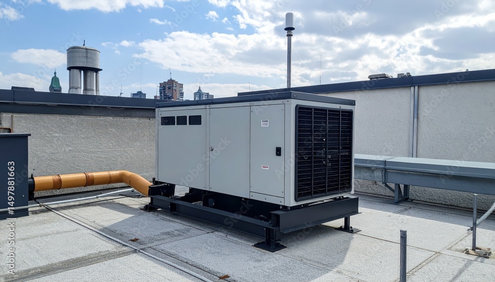 Poster large rooftop backup generator ready for operation in urban setting