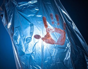 Crimson stain: A surreal, evocative photo of a blood-stained handprint on a semi-transparent plastic sheet, creating a chilling and mysterious atmosphere.