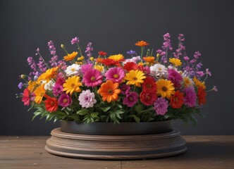 Fototapeta premium Rotating flower display, painted wood base, bright petals , rotating, botanical, nature